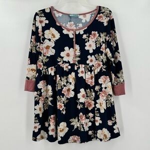 PS Kate Women’s Navy Flowy Floral Pink Trim Gathered Waist 3/4 Sleeves Top Sz Lg